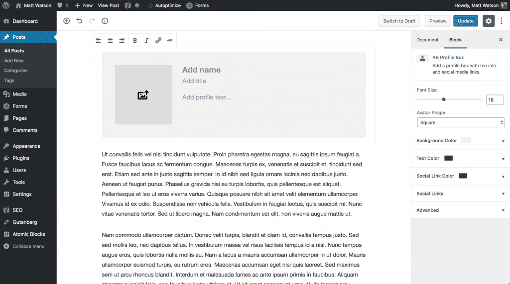 Testimonial Layout Example from Atomic Blocks