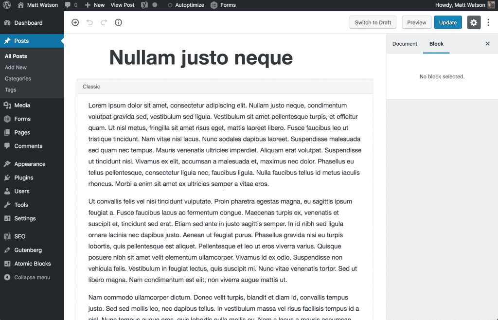 The Classic Editor in Gutenberg