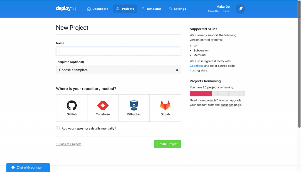 DeployHQ New Project Screen