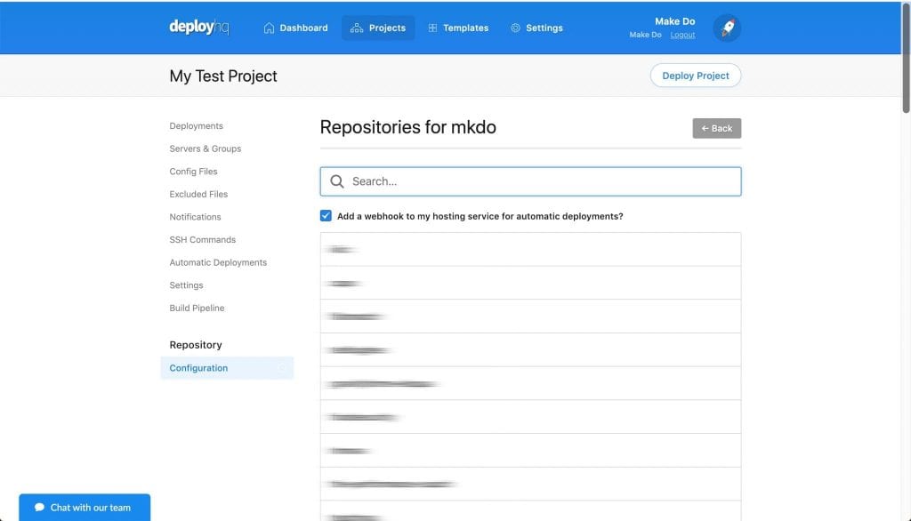 DeployHQ choose a repository